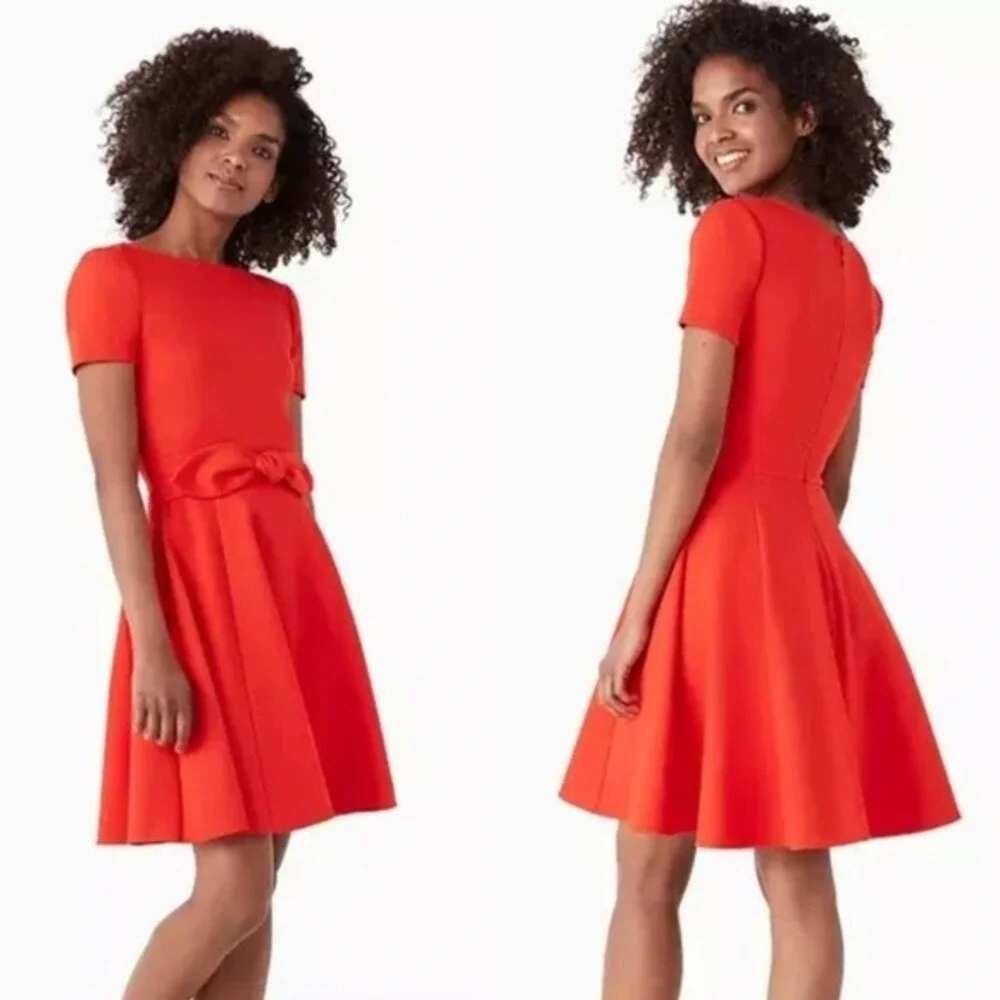 Kate Spade Red Bow Waist Fit & Flare Dress Ponte Knit Short Sleeve Party Small S